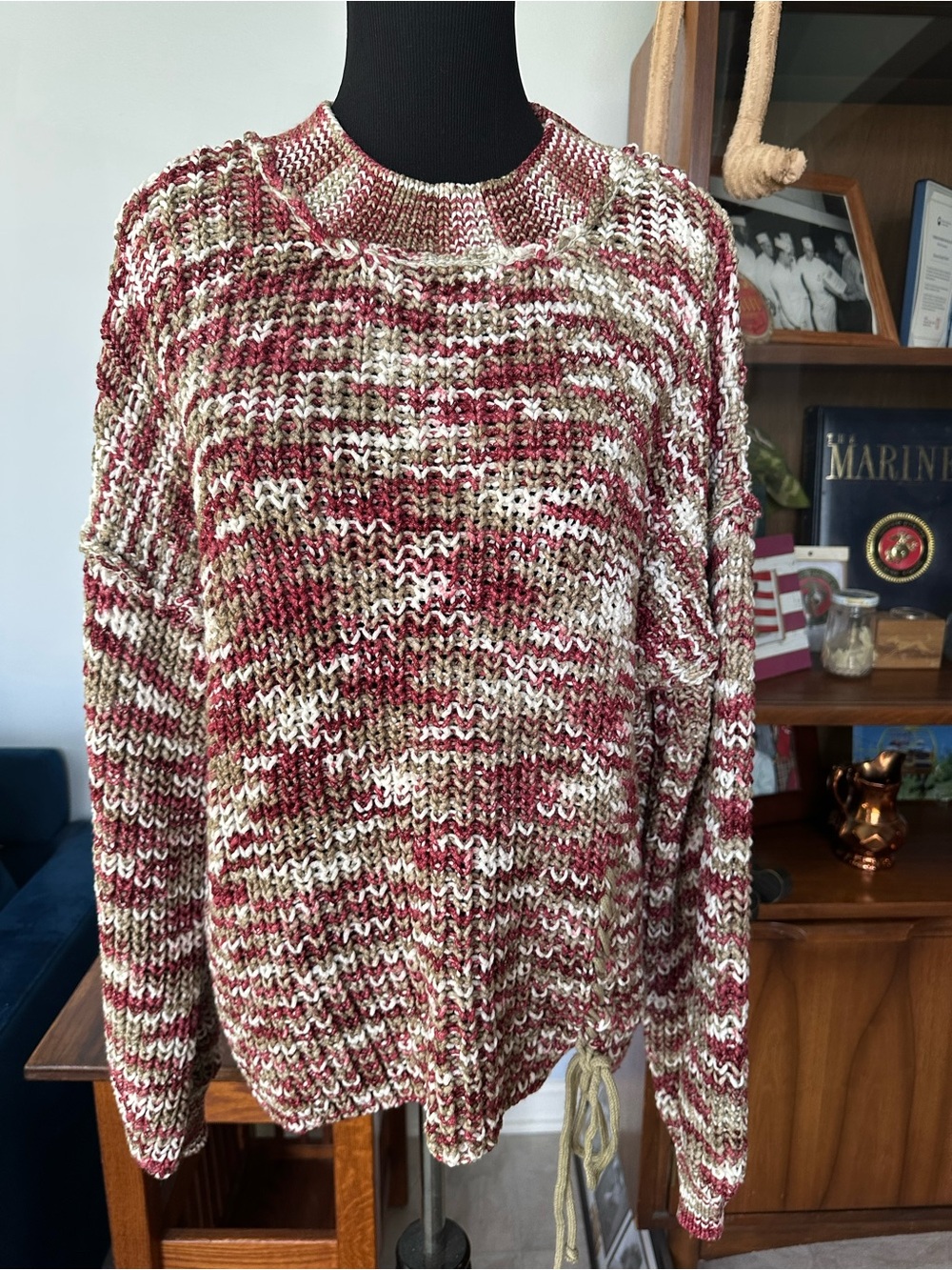 POL Marled Crewneck Sweater in Red and Cream